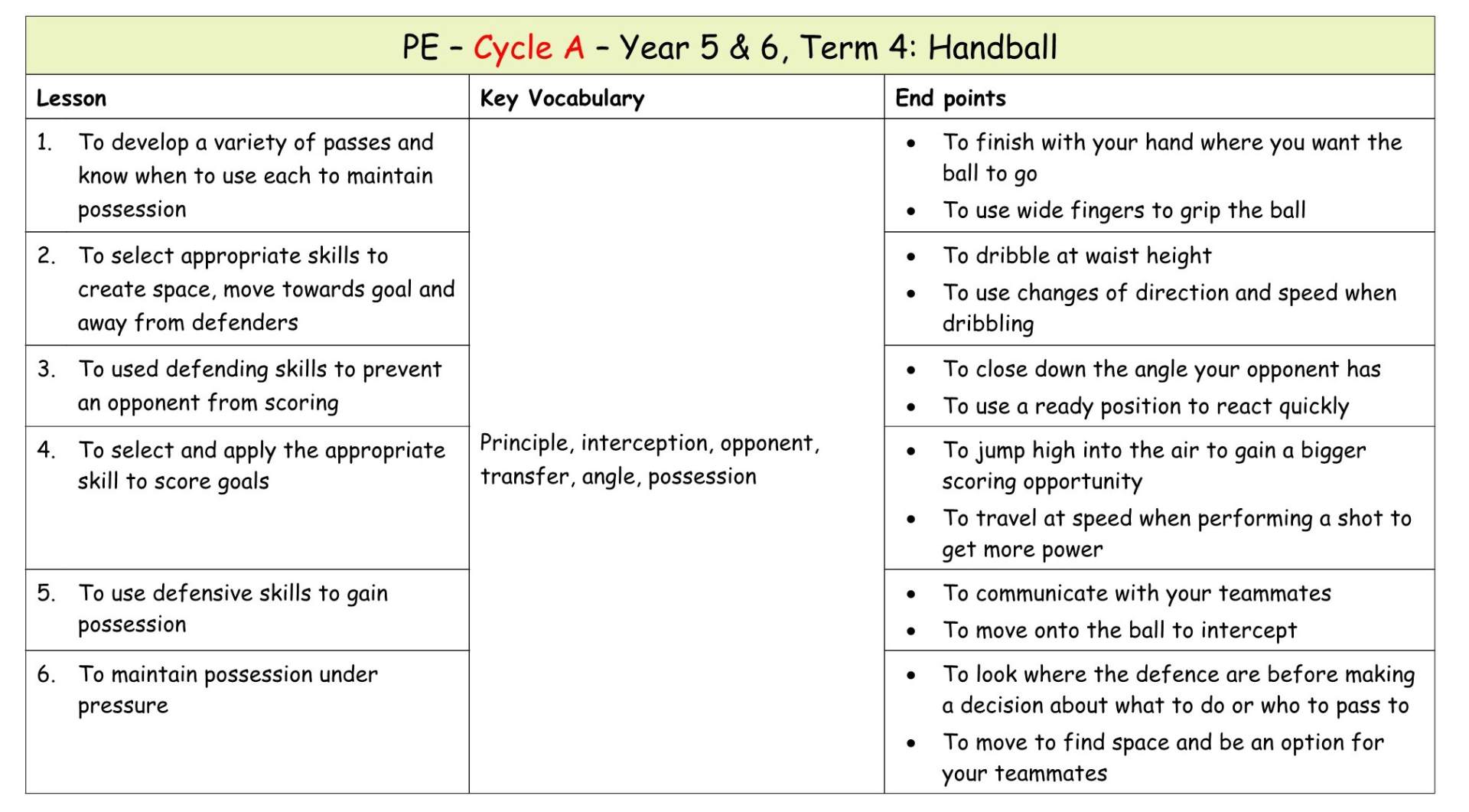 Yr 6 Term 4 Handball