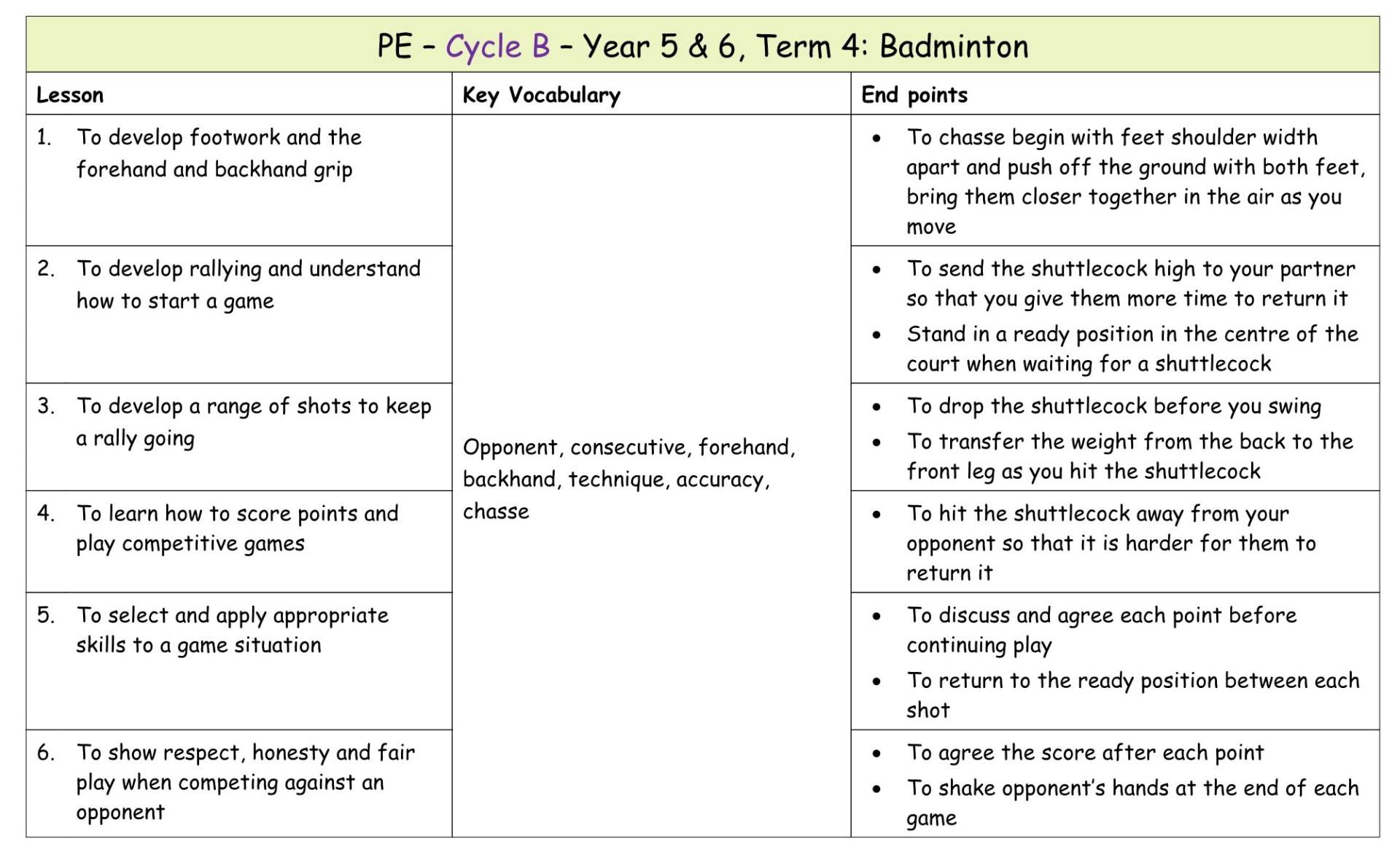 Yr 6 Term 4 Badminton